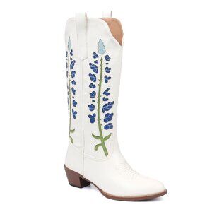 Floral Embroidered Cowboy Boots Pointed Toe Chunky Heel Wide Calf